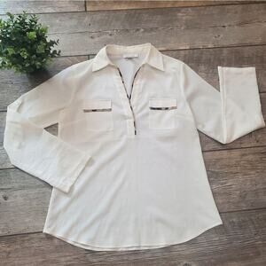 Calvin Klein Off White Pullover Collared Top with Animal Print Trim, Size Small